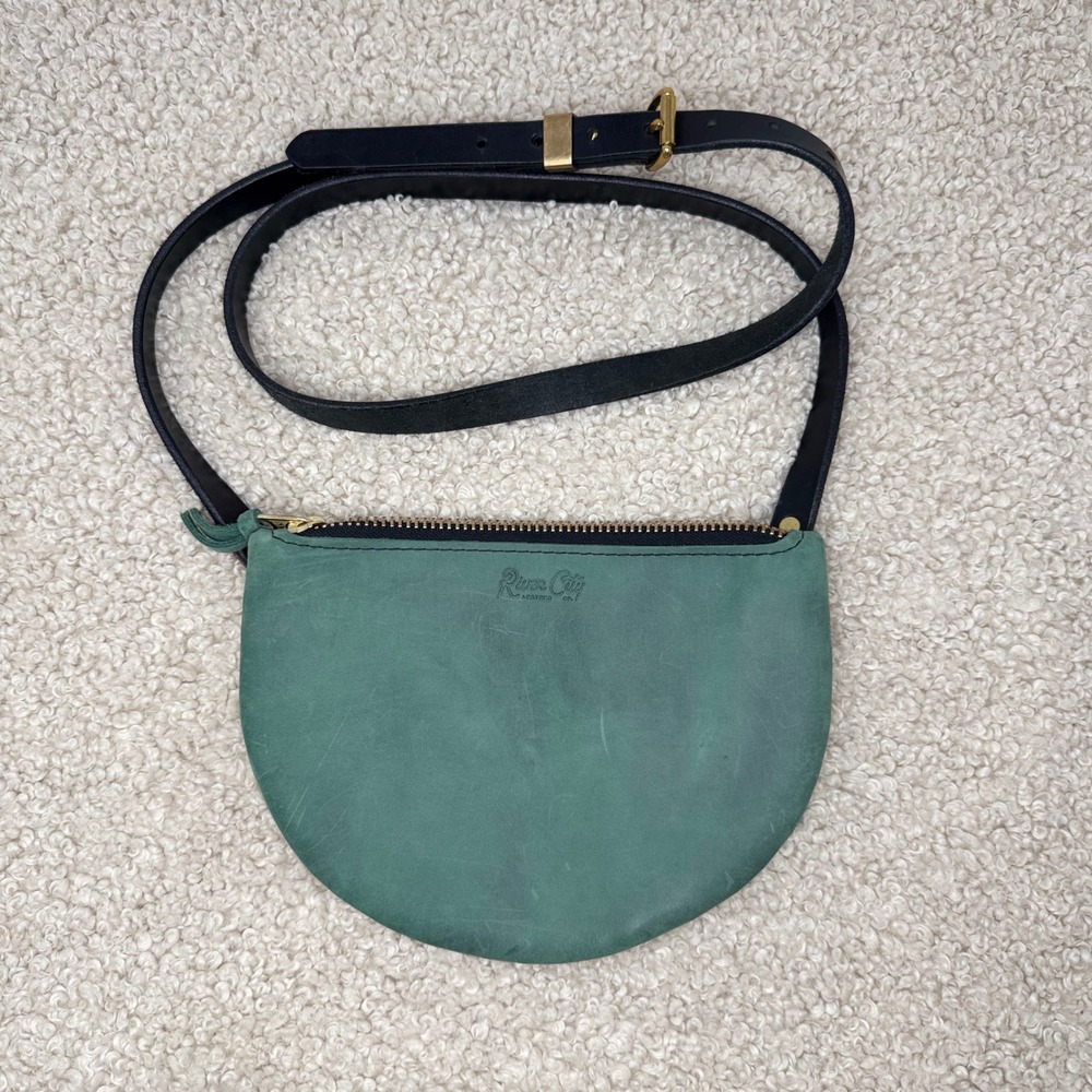 River City Leather Green Nubuck Half Moon Crossbody Bag Brass Hardware USA